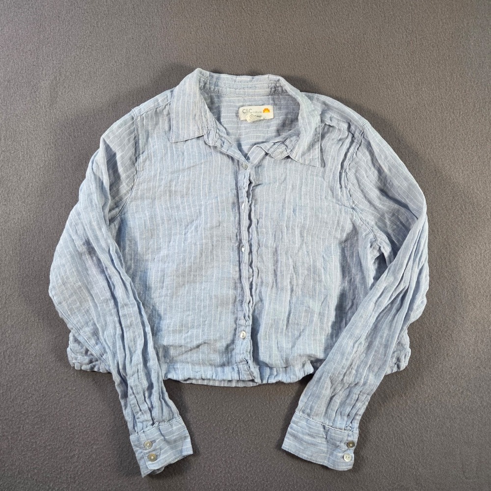 C&C California Blouse Womens Large Blue Striped Linen Cropped Long Sleeve Shirt